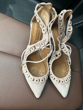 Aquazzura Beige Suede Pointed-Toe Lace-Up Heels